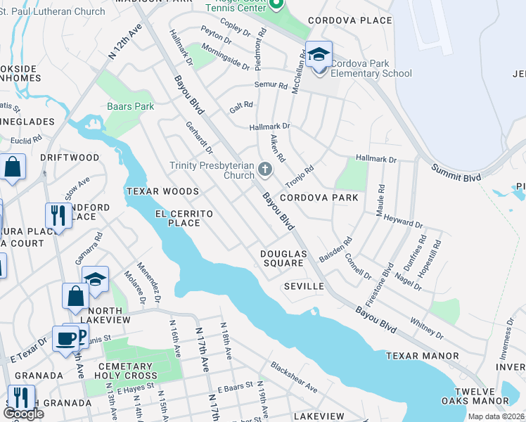 map of restaurants, bars, coffee shops, grocery stores, and more near 3331 Bayou Boulevard in Pensacola