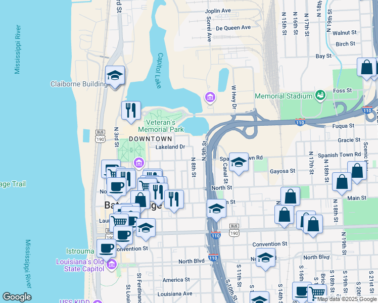 map of restaurants, bars, coffee shops, grocery stores, and more near 783 Lakeland Drive in Baton Rouge