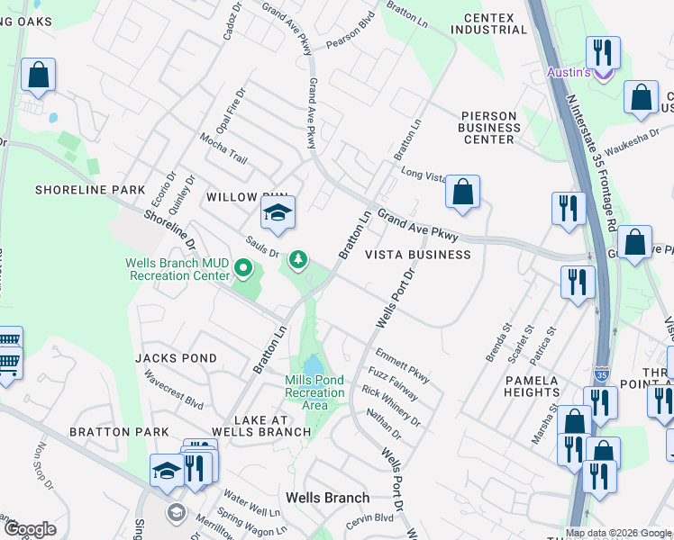 map of restaurants, bars, coffee shops, grocery stores, and more near 15509 Bratton Lane in Austin