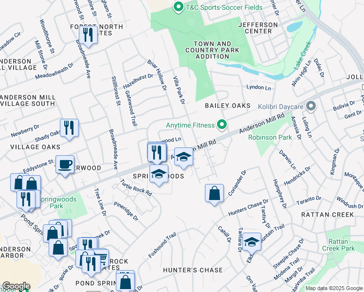 map of restaurants, bars, coffee shops, grocery stores, and more near 8704 Cainwood Lane in Austin