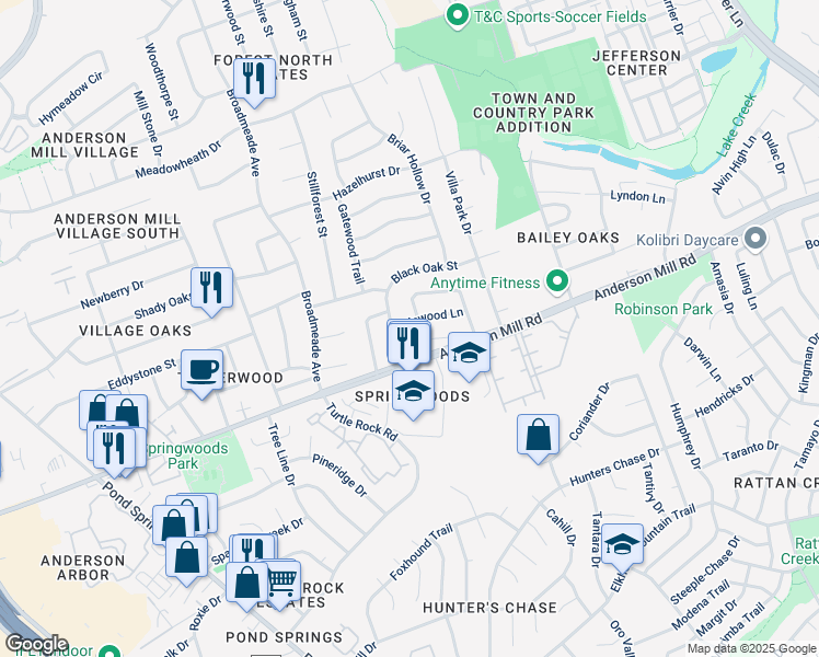 map of restaurants, bars, coffee shops, grocery stores, and more near 8830 Cainwood Lane in Austin