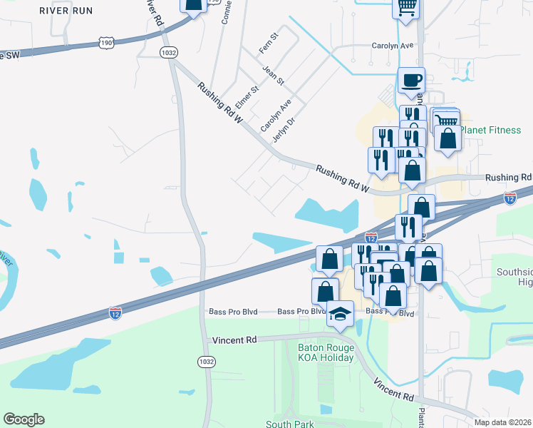 map of restaurants, bars, coffee shops, grocery stores, and more near 2620 Cavalier Drive in Denham Springs