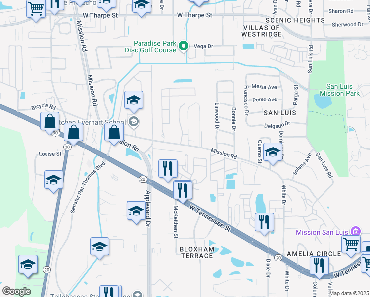 map of restaurants, bars, coffee shops, grocery stores, and more near 23 West Mission Road in Tallahassee