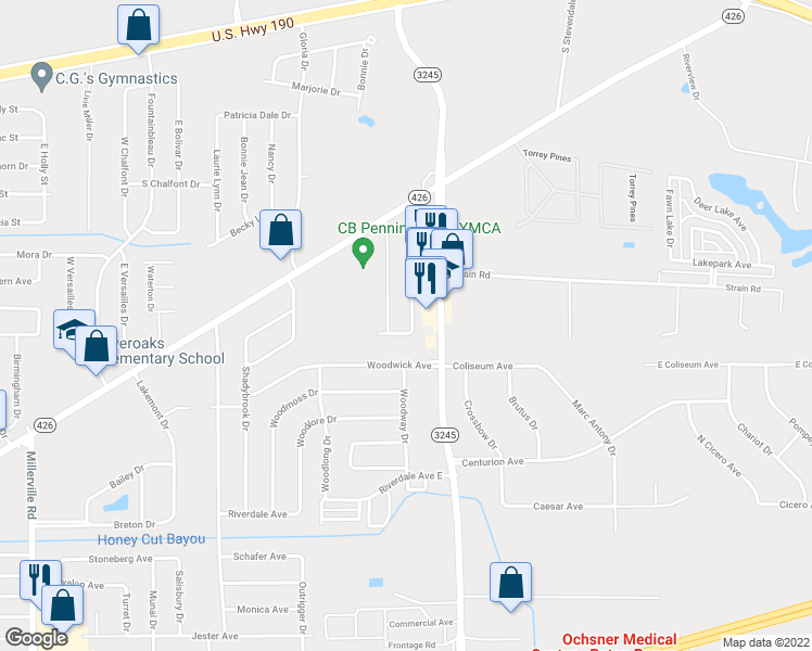 map of restaurants, bars, coffee shops, grocery stores, and more near 1060 Sedona Pines Drive in Baton Rouge