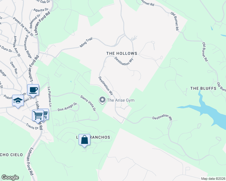 map of restaurants, bars, coffee shops, grocery stores, and more near 19617 Tranquility Falls in Leander