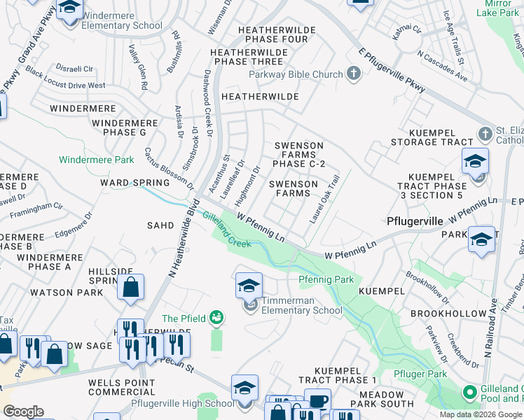map of restaurants, bars, coffee shops, grocery stores, and more near 1015 Gazania Drive in Pflugerville