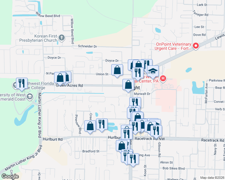 map of restaurants, bars, coffee shops, grocery stores, and more near 225 Green Acres Rd in Fort Walton Beach