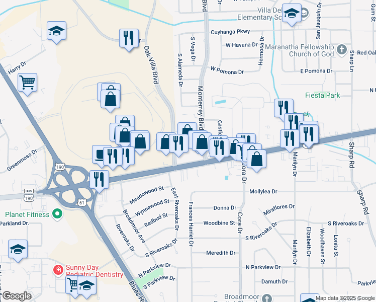 map of restaurants, bars, coffee shops, grocery stores, and more near 9261 Florida Boulevard in Baton Rouge
