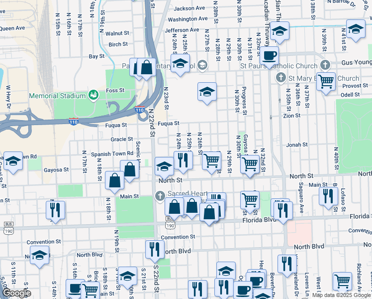map of restaurants, bars, coffee shops, grocery stores, and more near 811 North 26th Street in Baton Rouge