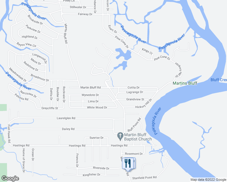 map of restaurants, bars, coffee shops, grocery stores, and more near 7800 Martin Bluff Road in Gautier