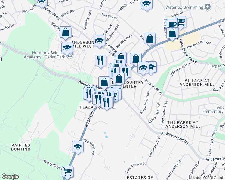 map of restaurants, bars, coffee shops, grocery stores, and more near Ranch Road 620 North & Anderson Mill Road in Austin