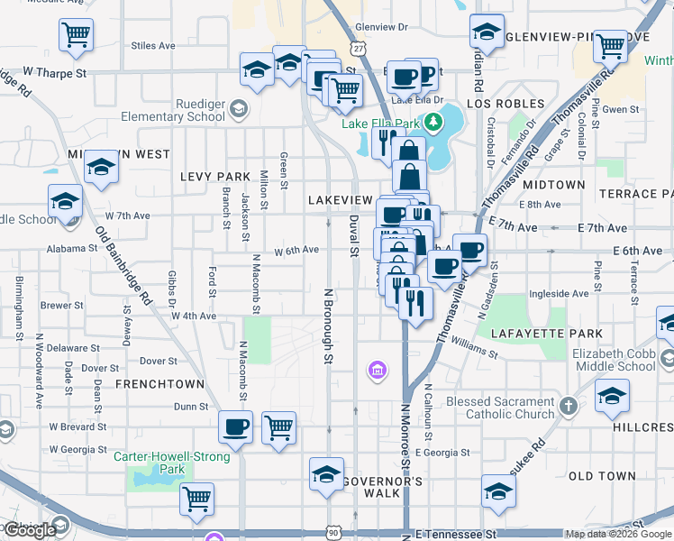 map of restaurants, bars, coffee shops, grocery stores, and more near 1234 North Duval Street in Tallahassee