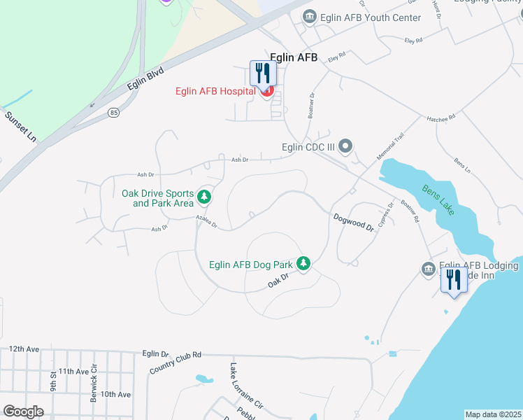 map of restaurants, bars, coffee shops, grocery stores, and more near 2950 Azalea Drive in Eglin Air Force Base