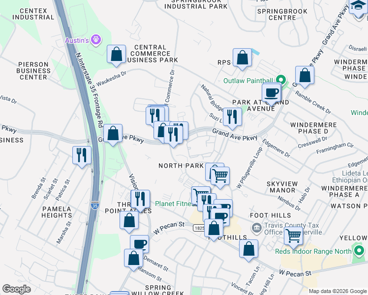 map of restaurants, bars, coffee shops, grocery stores, and more near 1661 Grand Avenue Parkway in Pflugerville