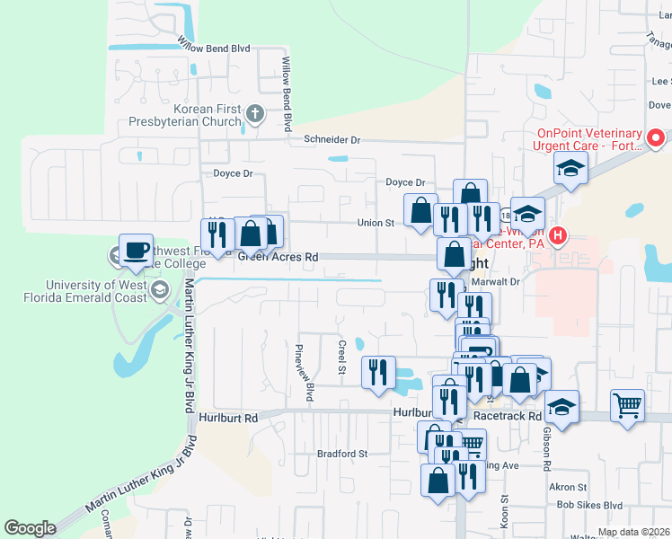 map of restaurants, bars, coffee shops, grocery stores, and more near 320 Green Acres Road in Fort Walton Beach