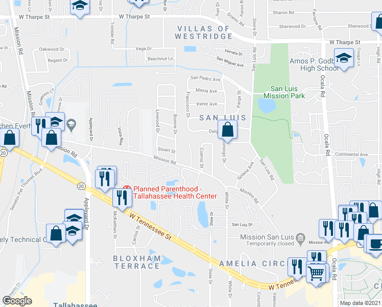map of restaurants, bars, coffee shops, grocery stores, and more near 1114 Woodbern Lane in Tallahassee