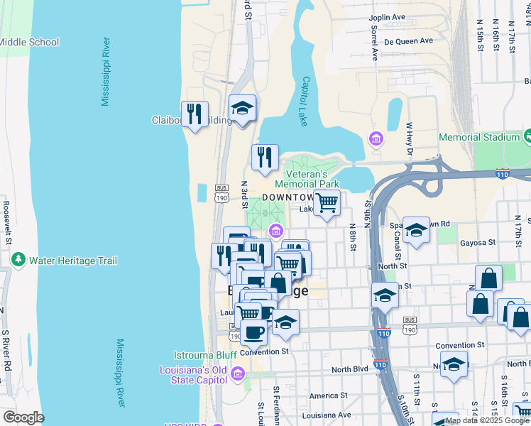 map of restaurants, bars, coffee shops, grocery stores, and more near 498 State Capitol Drive in Baton Rouge