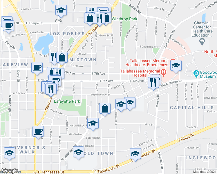 map of restaurants, bars, coffee shops, grocery stores, and more near 1216 Terrace Street in Tallahassee