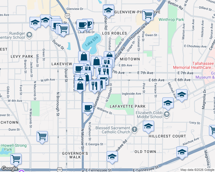 map of restaurants, bars, coffee shops, grocery stores, and more near 1240 Thomasville Road in Tallahassee