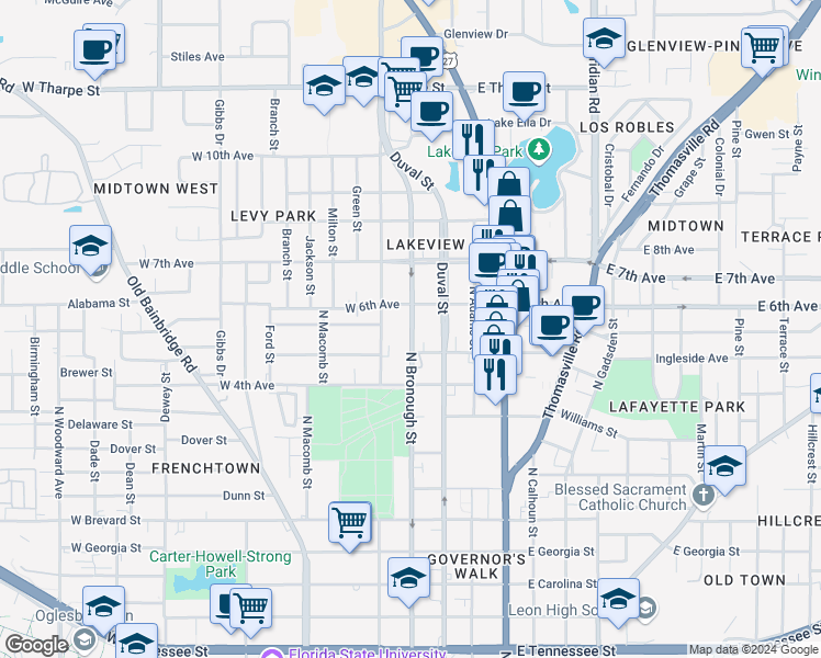 map of restaurants, bars, coffee shops, grocery stores, and more near 315 West 6th Avenue in Tallahassee