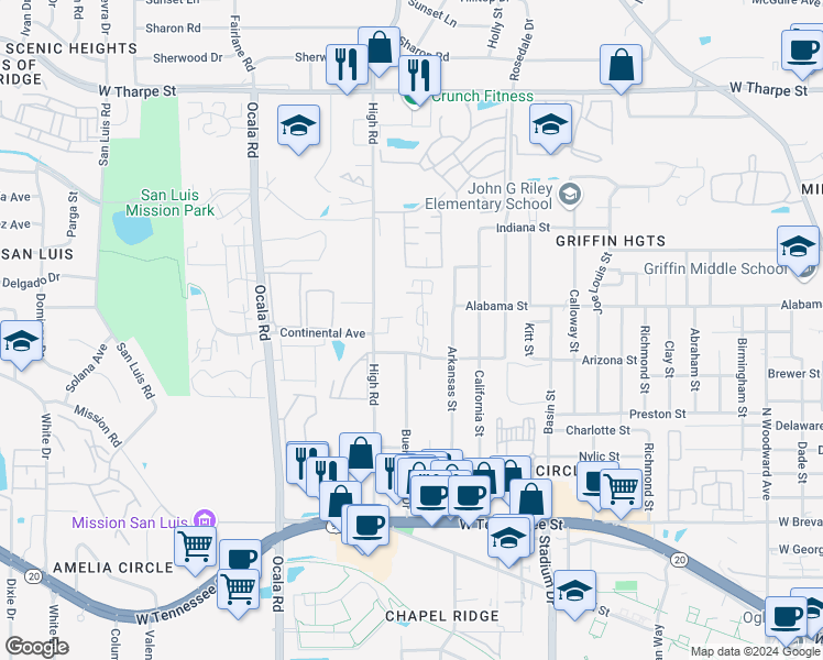 map of restaurants, bars, coffee shops, grocery stores, and more near 119 Greentree Court in Tallahassee