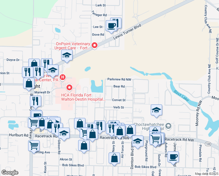 map of restaurants, bars, coffee shops, grocery stores, and more near 408 Bear Road in Fort Walton Beach