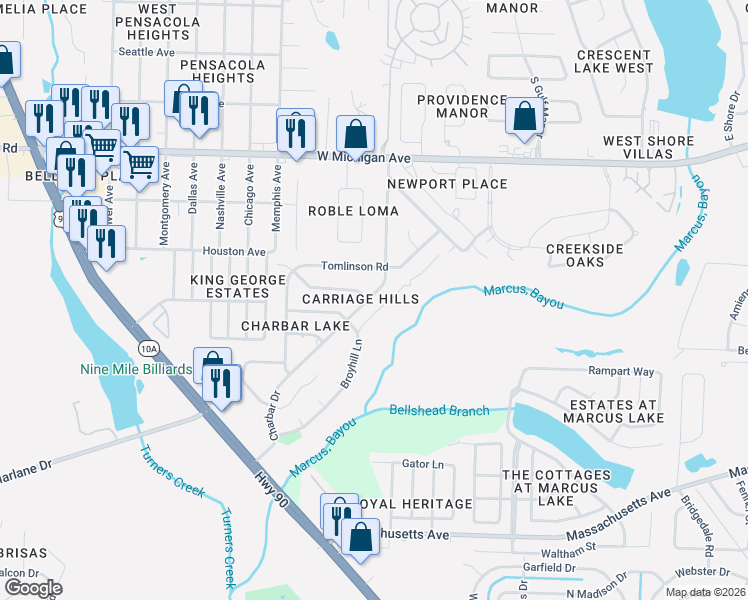 map of restaurants, bars, coffee shops, grocery stores, and more near 5541 Char Bar Drive in Pensacola