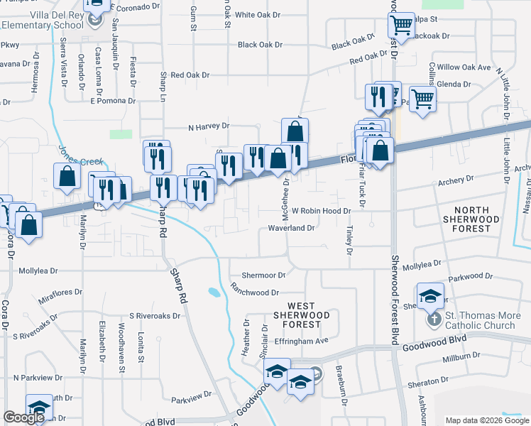 map of restaurants, bars, coffee shops, grocery stores, and more near 228 McGehee Drive in Baton Rouge
