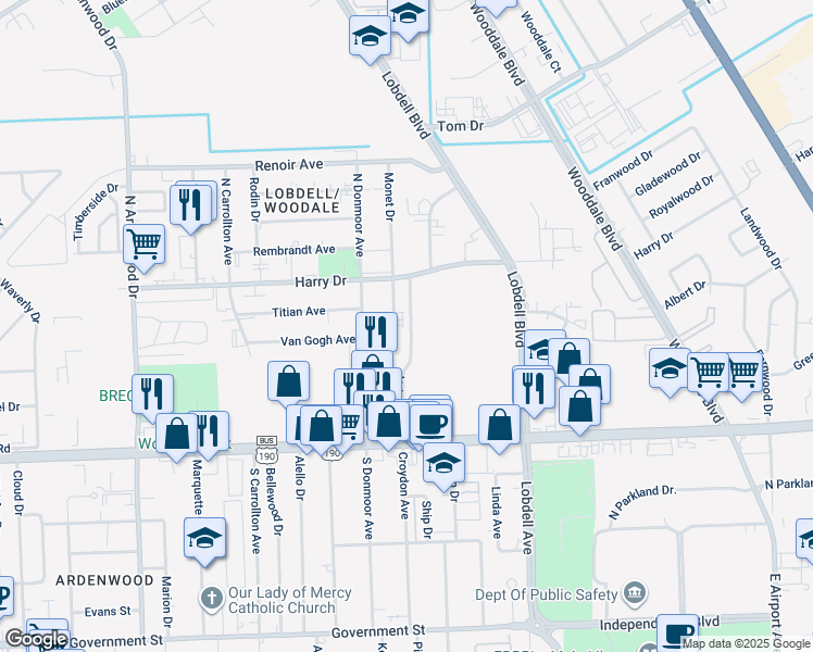 map of restaurants, bars, coffee shops, grocery stores, and more near 747 Monet Drive in Baton Rouge
