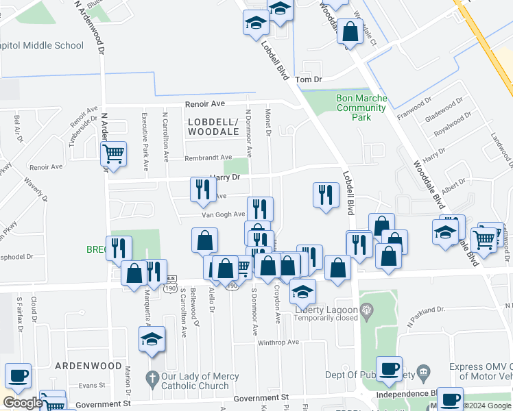 map of restaurants, bars, coffee shops, grocery stores, and more near 747 Monet Drive in Baton Rouge