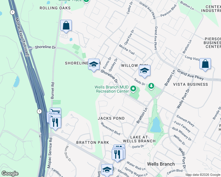 map of restaurants, bars, coffee shops, grocery stores, and more near 3501 Shoreline Drive in Austin