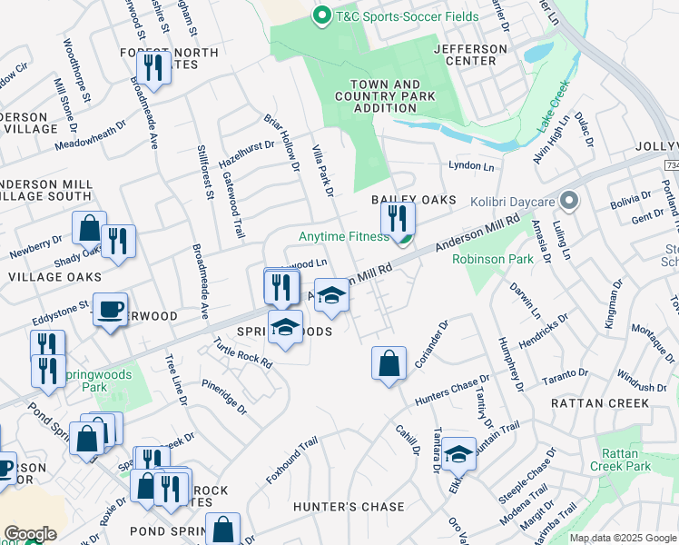 map of restaurants, bars, coffee shops, grocery stores, and more near 13104 Villa Park Drive in Austin