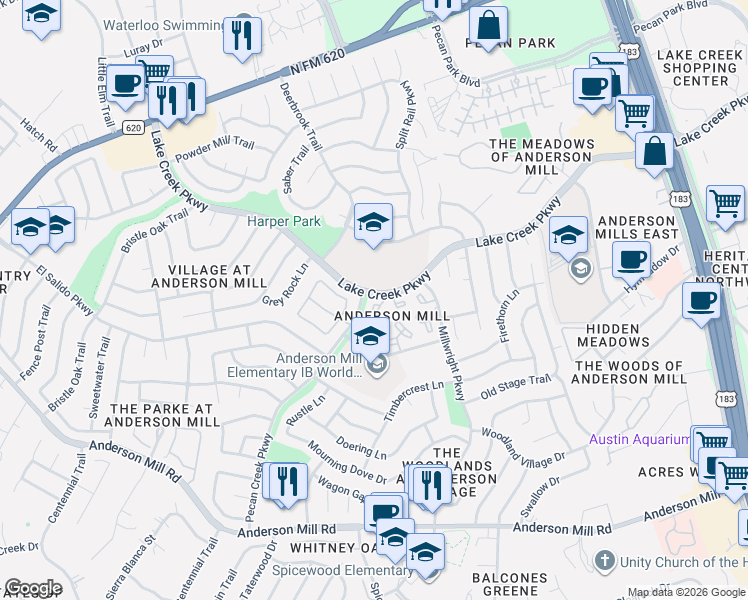 map of restaurants, bars, coffee shops, grocery stores, and more near 10805 School House Lane in Austin
