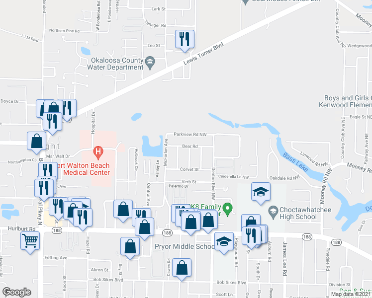 map of restaurants, bars, coffee shops, grocery stores, and more near 417 Bear Road Northwest in Fort Walton Beach