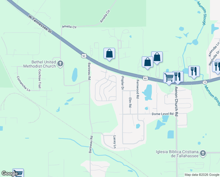 map of restaurants, bars, coffee shops, grocery stores, and more near Manatee Cove Drive in Tallahassee