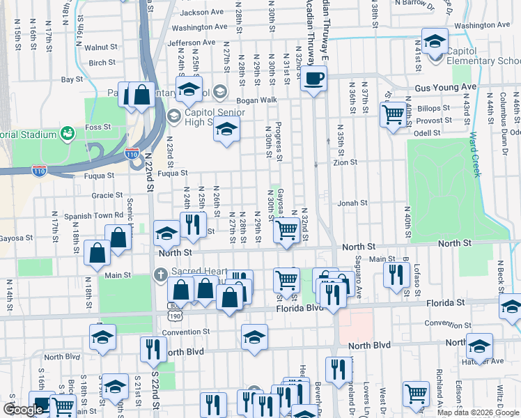 map of restaurants, bars, coffee shops, grocery stores, and more near 824 North 29th Street in Baton Rouge