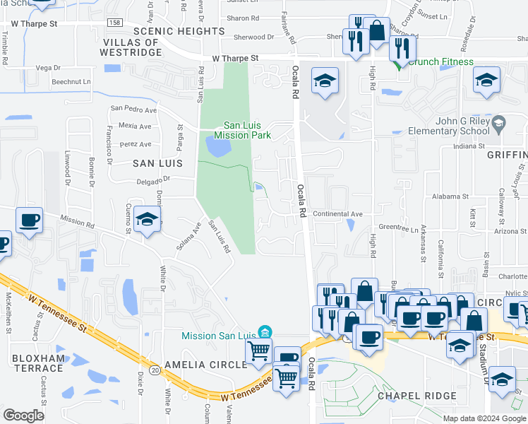 map of restaurants, bars, coffee shops, grocery stores, and more near 1242 Chee Lane in Tallahassee