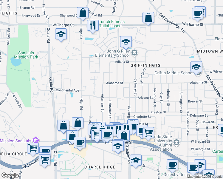 map of restaurants, bars, coffee shops, grocery stores, and more near 1321 California Street in Tallahassee