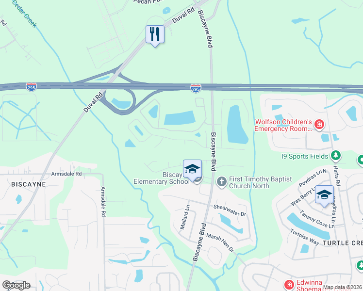 map of restaurants, bars, coffee shops, grocery stores, and more near 1505 Biscayne Bay Drive in Jacksonville