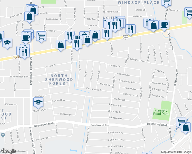 map of restaurants, bars, coffee shops, grocery stores, and more near 364 Wingate Drive in Baton Rouge