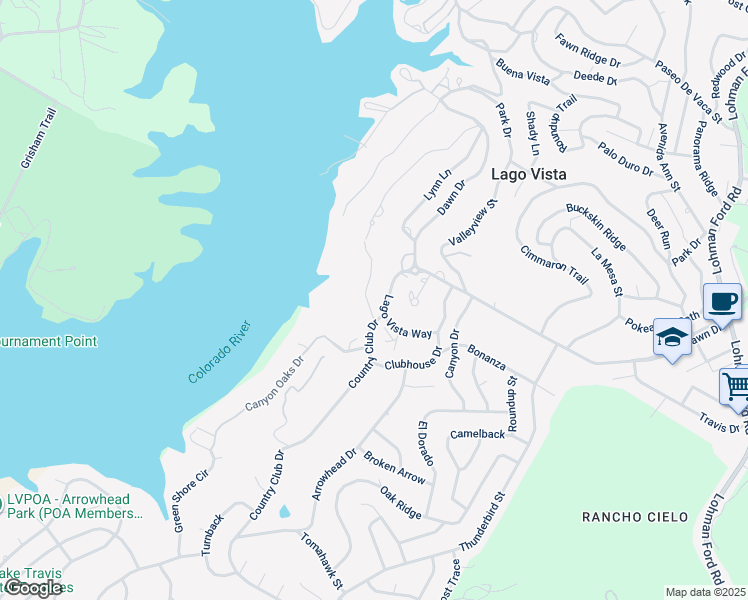 map of restaurants, bars, coffee shops, grocery stores, and more near 5915 Lago Vista Way in Lago Vista