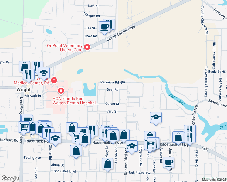 map of restaurants, bars, coffee shops, grocery stores, and more near 421 Bear Road in Fort Walton Beach