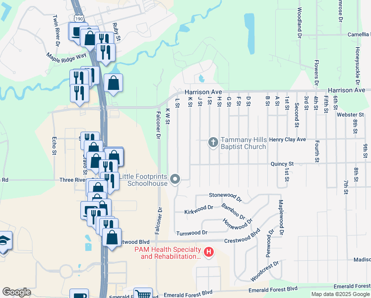 map of restaurants, bars, coffee shops, grocery stores, and more near 70381 K Street in Covington