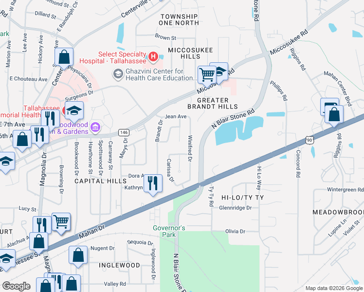map of restaurants, bars, coffee shops, grocery stores, and more near 1217 Halifax Court in Tallahassee