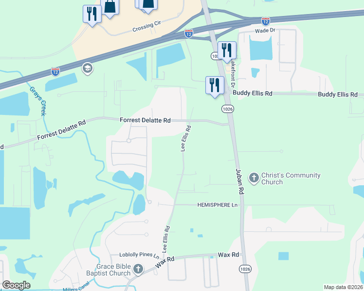map of restaurants, bars, coffee shops, grocery stores, and more near 26 Lee Ellis Road in Denham Springs