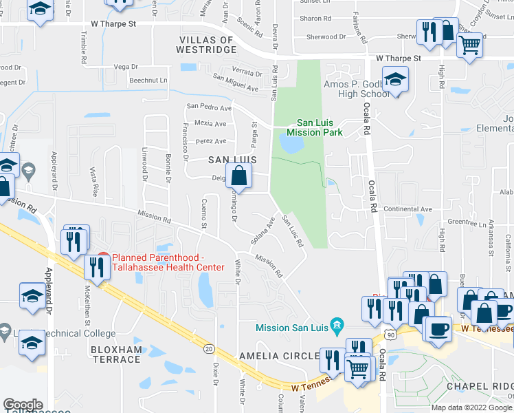 map of restaurants, bars, coffee shops, grocery stores, and more near 2305 Don Andres Avenue in Tallahassee