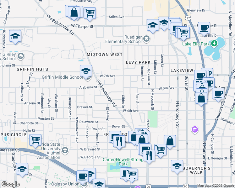 map of restaurants, bars, coffee shops, grocery stores, and more near 664 West 6th Avenue in Tallahassee