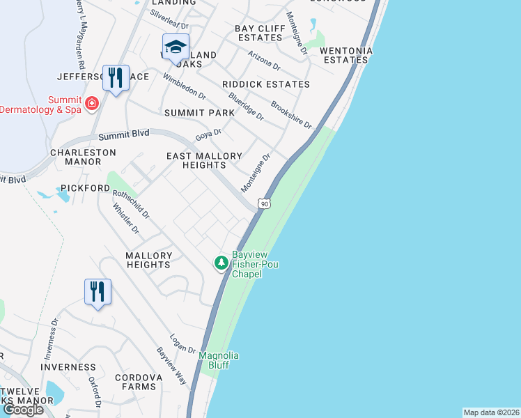 map of restaurants, bars, coffee shops, grocery stores, and more near in Pensacola