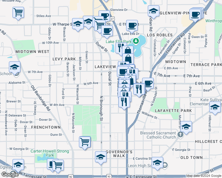 map of restaurants, bars, coffee shops, grocery stores, and more near 1234 North Duval Street in Tallahassee