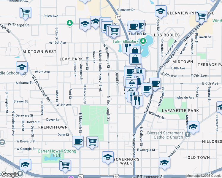 map of restaurants, bars, coffee shops, grocery stores, and more near 1234 North Duval Street in Tallahassee